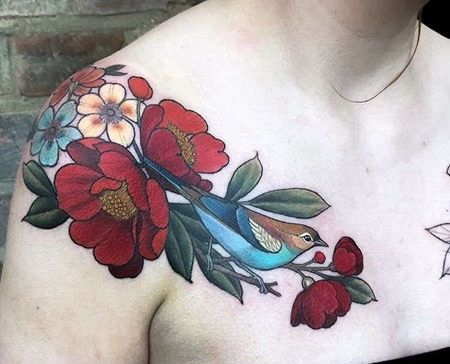 New School锁骨花卉鸟纹身图案