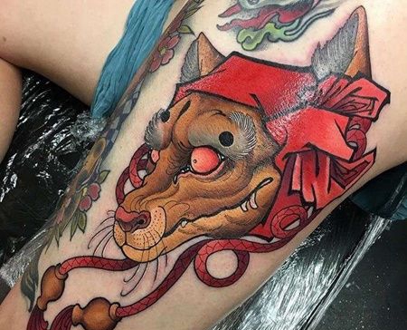 新传统大腿狼纹身图案