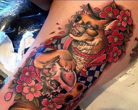 新传统大腿狐狸纹身图案