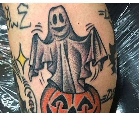 Old School小腿幽灵南瓜纹身图案