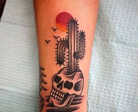 Old School小腿仙人掌骷髅纹身图案