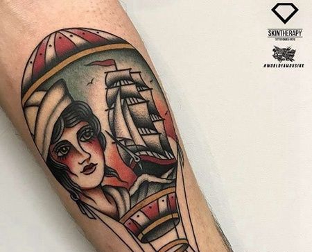Old School小臂女人热气球纹身图案