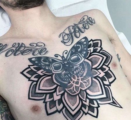 点线前胸繁花纹身图案