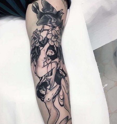 New School胳膊鸟花卉美人鱼纹身图案