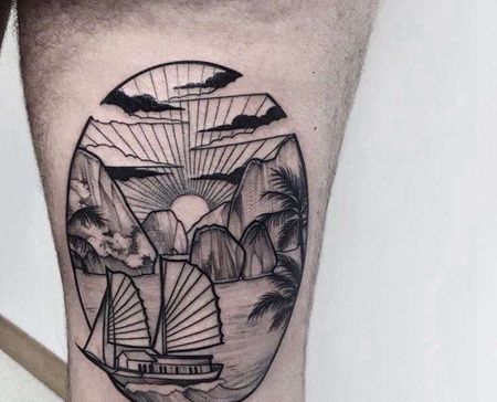 点线大腿山纹身图案