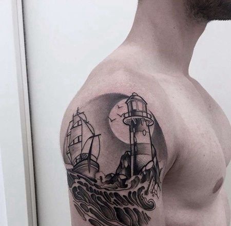 New School大臂灯塔帆船纹身图案