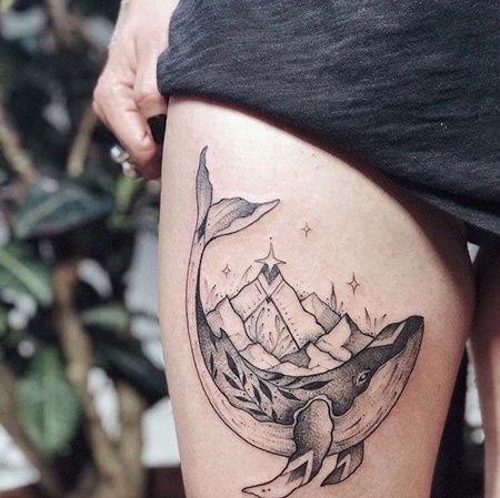 点线大腿鲸鱼纹身图案