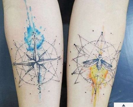 水彩小臂指南针蜜蜂纹身图案