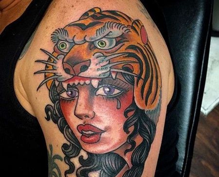 Old School大臂女人老虎纹身图案