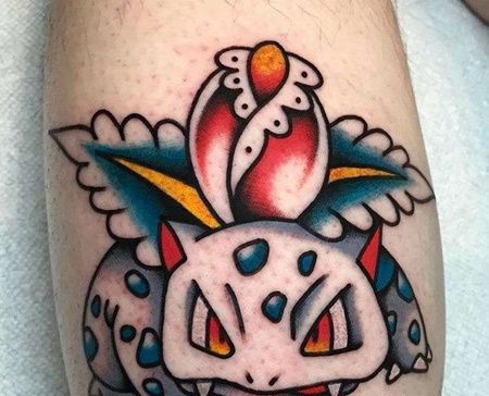 Old School小腿妙蛙种子纹身图案