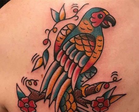 Old School后背鹦鹉纹身图案