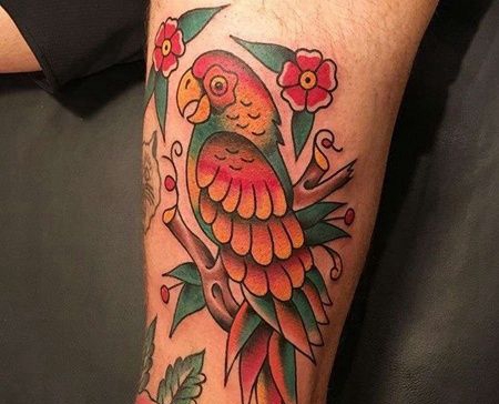 Old School大腿鹦鹉纹身图案