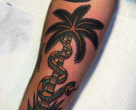 Old School小臂椰子树蛇纹身图案