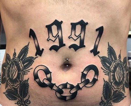 Old School腹部锁链纹身图案