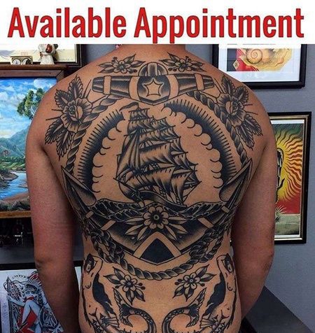 Old School后背美人鱼帆船纹身图案