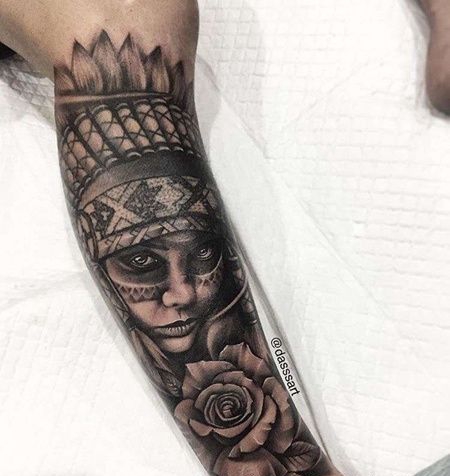 写实小腿印第安女人纹身图案
