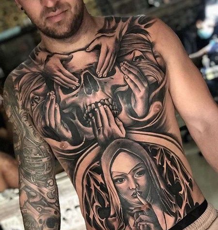 写实前胸腹部手骷髅女人纹身图案