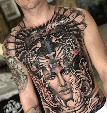 写实前胸腹部印第安女人老虎纹身图案