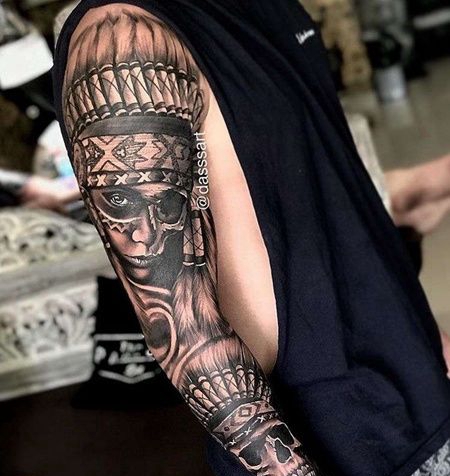 写实胳膊印第安女人骷髅纹身图案