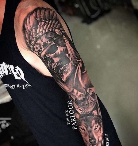 写实胳膊骷髅狼纹身图案