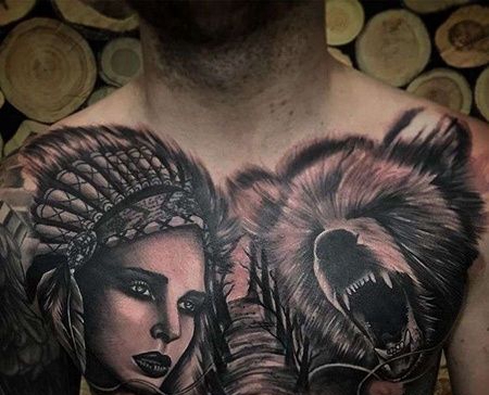 写实前胸女人熊纹身图案