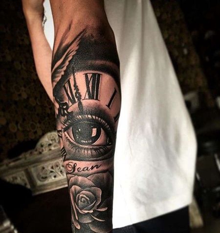 写实小臂眼睛玫瑰纹身图案