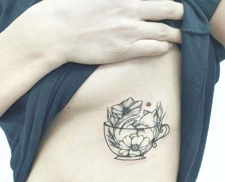 点刺侧腰茶杯猫纹身图案