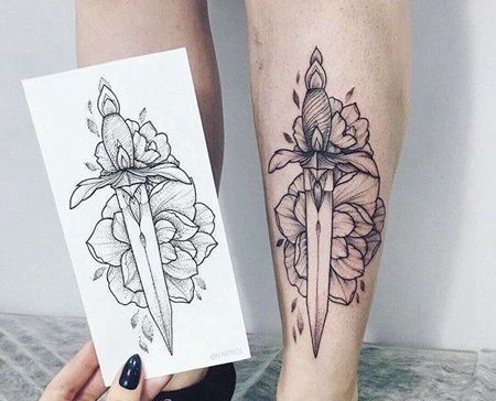 点线小腿花卉匕首纹身图案