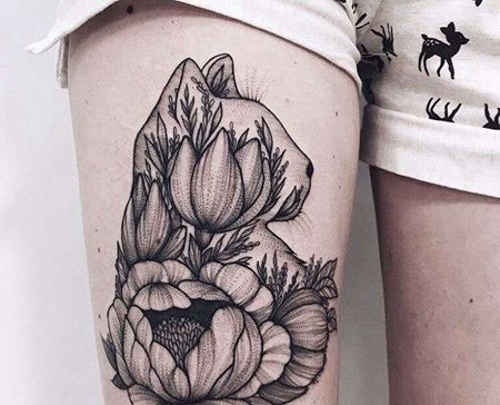 点线大腿花卉猫纹身图案