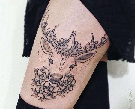 点线大腿鹿纹身图案