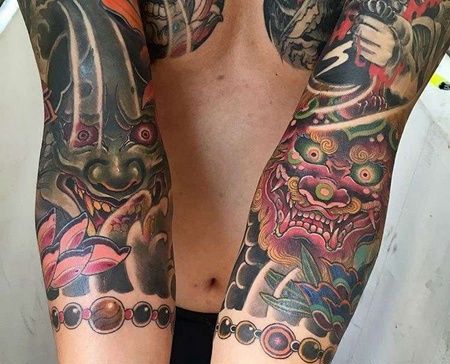 新传统小臂般若唐狮纹身图案