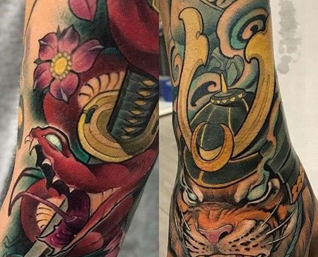 New School小臂手背老虎蛇纹身图案