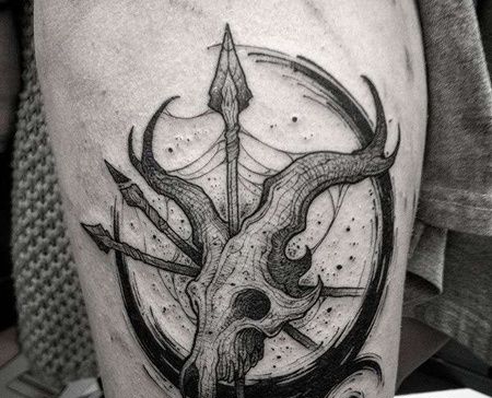 点线大腿骷髅纹身图案