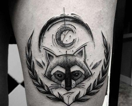 点线小腿浣熊纹身图案