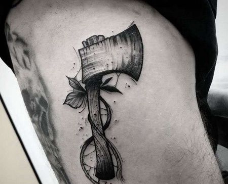 点线大腿斧头纹身图案