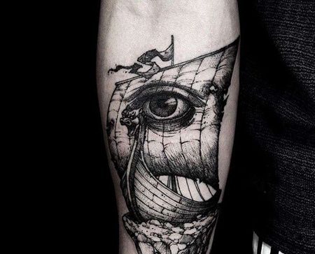 点线小腿帆船纹身图案