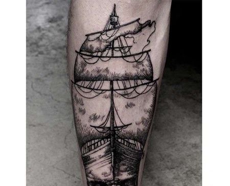 点线小臂帆船纹身图案