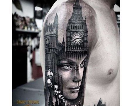 写实大臂女人建筑纹身图案