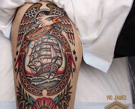 Old School大腿帆船老鹰纹身图案