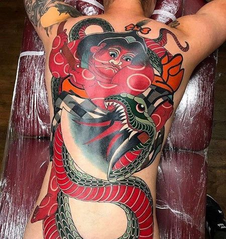 日式后背山童蛇纹身图案