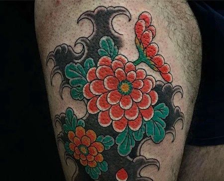 日式大腿花卉纹身图案