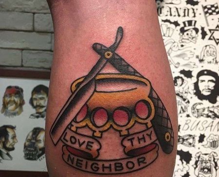 Old School小腿折刀指虎纹身图案