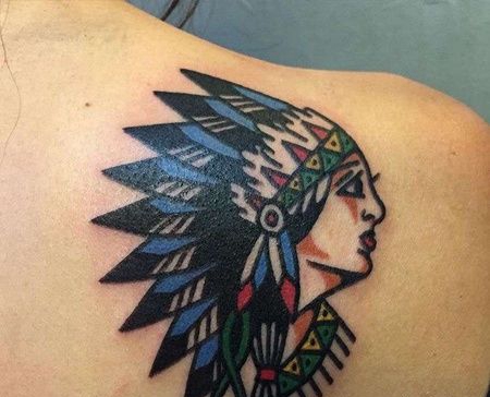 Old School后背印第安女人纹身图案