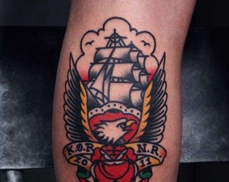 Old School小腿老鹰帆船纹身图案