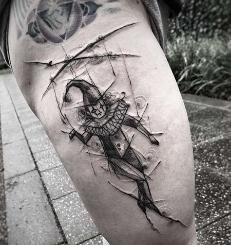 线条大腿小丑纹身图案