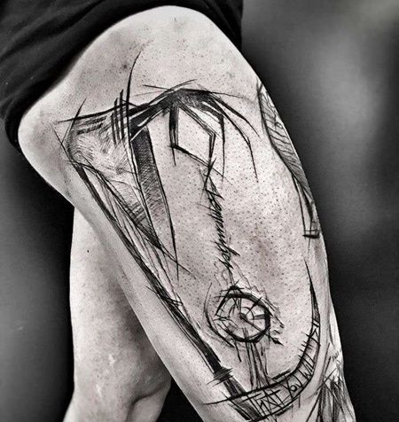 线条大腿镰刀纹身图案