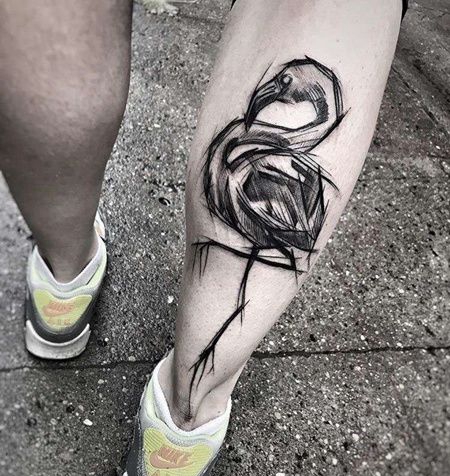 线条小腿火烈鸟纹身图案
