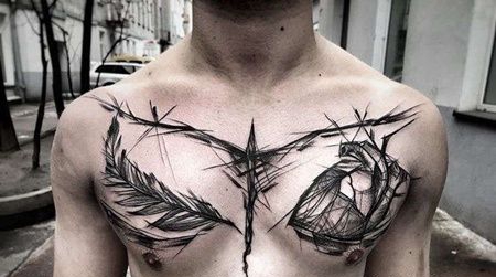 线条前胸心脏羽毛纹身图案