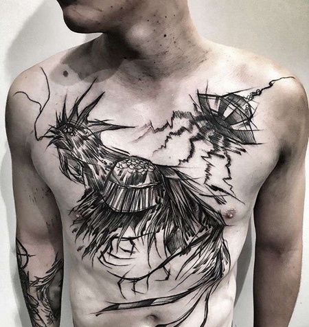 线条前胸公鸡纹身图案