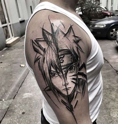 线条大臂火影忍者佐助鸣人纹身图案